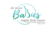 logo for all about babies birthing center in argyle